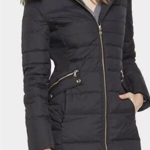 Express Women's Black Puffer Coat with Gold Accents